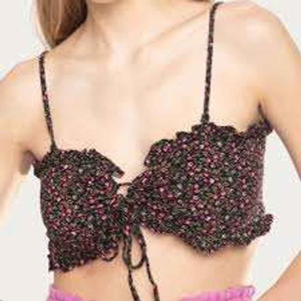 Free People Intimately Smocked Floral Lace Up Crop Top Black Pink Small